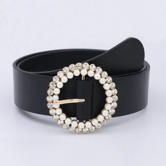 Accessories - Vegan Leather Pearl and Rhinstone Buckle Belt